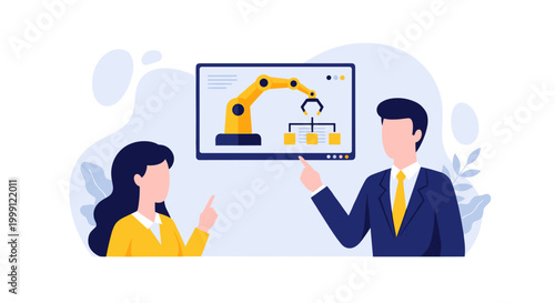 A business man and woman discuss a digital screen displaying an industrial robotic arm mechanism and organizational process charts in a clean modern professional office.