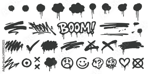 Set of black spray paint graffiti elements with drip effects and urban street art design symbols