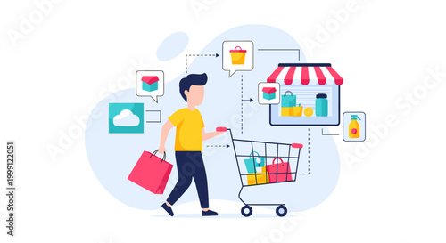 A shopper pushes a metal cart toward a storefront icon surrounded by colorful digital delivery and cloud service symbols in a flat vector illustration style.