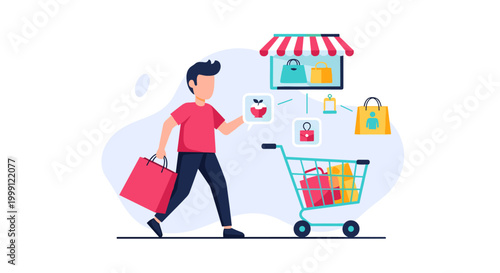 A customer carrying paper bags approaches a digital store display and a shopping cart full of merchandise in a clean, minimalist two-dimensional art style.