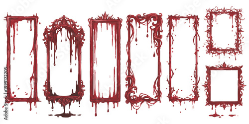 Set of gothic picture frames with red blood dripping effect for spooky halloween decorations and dark art designs