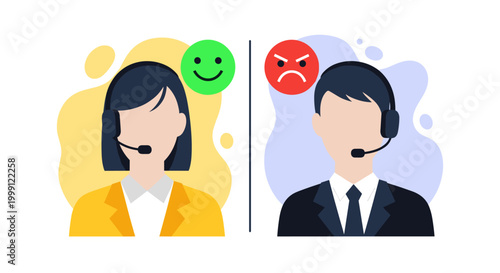 A split composition shows a female customer service representative with a positive green emoji beside a male agent with a negative red emoji in a minimalist office design.