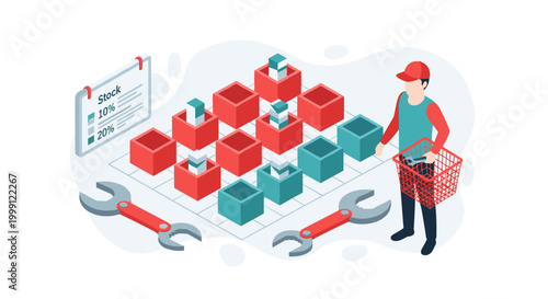 A solitary worker wearing a red cap stands beside a large inventory grid layout while holding a shopping basket in a clean professional environment with soft pastel tones.