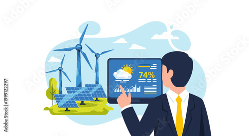 The male professional interacts with a digital dashboard showing renewable power generation statistics with solar panels and wind turbines in a smooth flat vector style art.