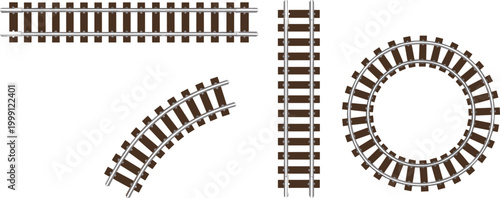 Railway tracks set straight curved and circular train rails vector illustration transportation infrastructure elements for construction design