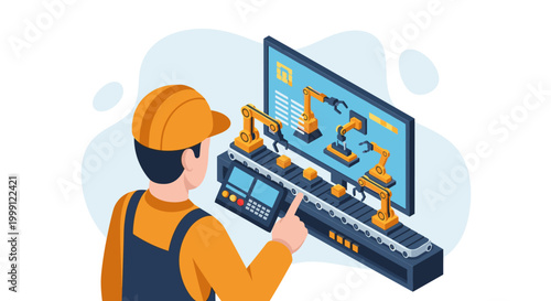 An industrial technician observes the automated assembly line process through an interactive digital display within a brightly lit modern manufacturing facility environment.