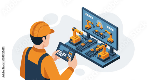 A male factory engineer reviews robotic production logistics on a handheld tablet device while standing in a clean automated industrial workspace setting today.