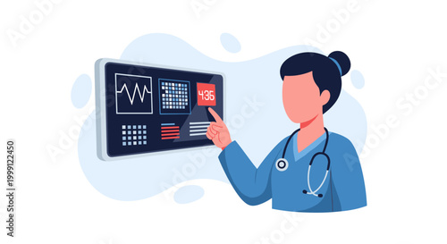 A female medical provider touches a digital dashboard displaying urgent clinical data and red alert notifications in a bright healthcare facility room environment.