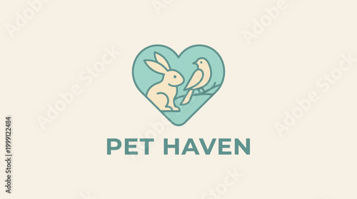An adorable logo for a pet haven, showcasing a bunny and a bird within a heart shape, symbolizing love for pets and animal care.