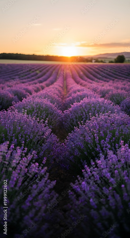 Obraz premium Lavender Field Sunset, Purple Tones, Minimalist Floral Farm, Nature Background