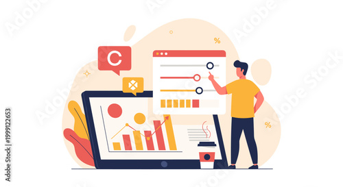 A male character uses a digital interface with slider bars to adjust settings while standing near a large monitor displaying colorful business growth bar charts.