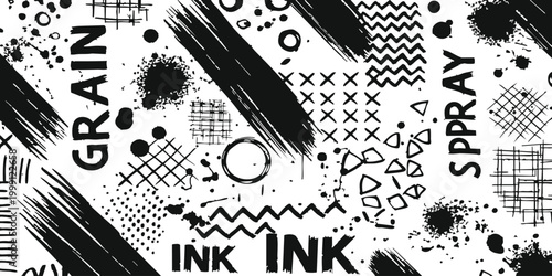 Black ink and spray paint texture set with abstract brush strokes and geometric shapes for creative design projects