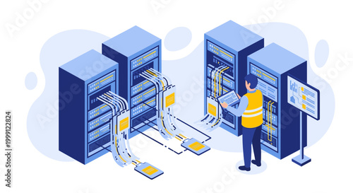 A technician wears a yellow safety vest while inspecting high performance server racks with interconnected wiring and a digital display screen in a cool blue toned environment.