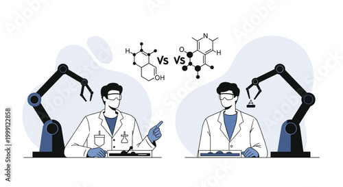 Two lab coat clad scientists conduct comparative chemical research using advanced robotic arms and digital molecular structures in a clean white laboratory workstation environment.