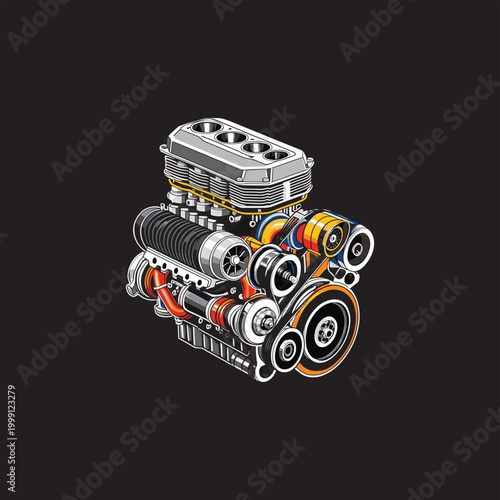 High performance supercharged V8 engine custom automotive motor illustration isolated on black background.