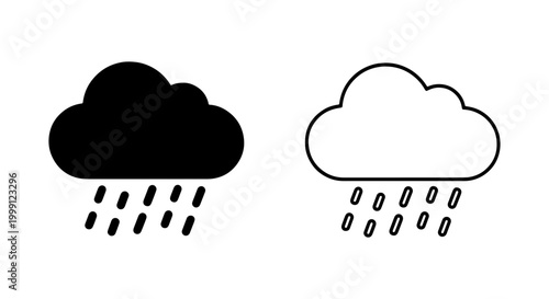 Black and white rain cloud weather icons with raindrops on pure
