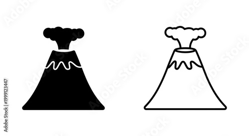 Black and white volcano icons with smoke coming out, simple line art style