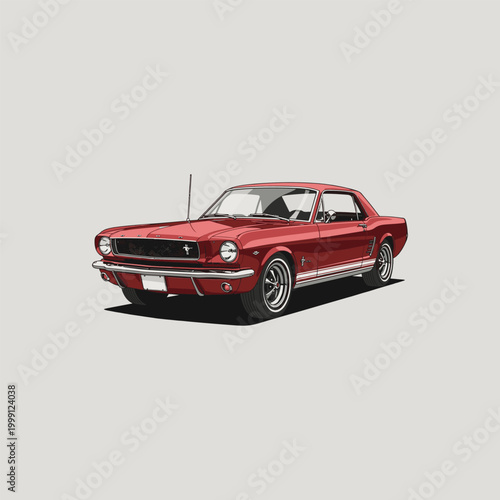 Red vintage classic American muscle car Ford Mustang 1965 coupe isolated on light background.
