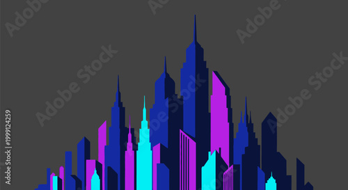 Abstract vector city skyline with modern colorful buildings on a dark background.