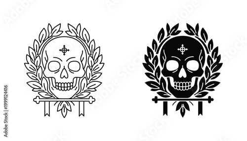 Gothic skull emblem with laurel wreath and cross symbol in linear and solid black vector style for vintage heraldic design and dark aesthetic branding elements isolated on white background