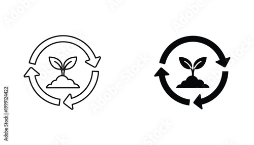 Sustainable growth and environmental conservation cycle icon set showing plant sprout with recycling arrows in thin line and solid black vector styles for eco friendly business branding concepts