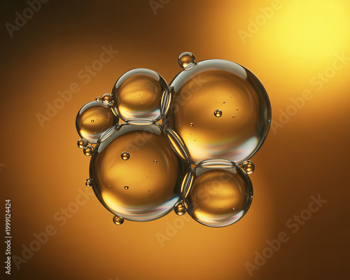 Golden oil droplets on a warm gradient background with light effects