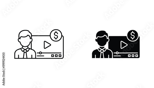 Online monetization icon set featuring businessman with video player and dollar sign symbol for content creator and digital marketing business in vector illustration