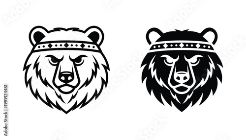 Fierce bear head mascot logo set featuring crowned grizzly animal in aggressive style for sports team branding or gaming clan identity in vector illustration