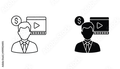 Video monetization icon set for digital content creators and online revenue tracking platforms featuring person and media player symbol