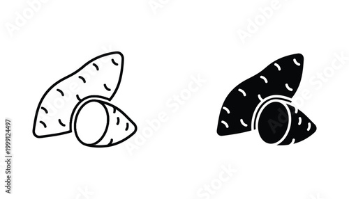 Sweet potato vegetable line and solid icon set for healthy food design and nutrition marketing materials featuring root crop illustration in minimal style