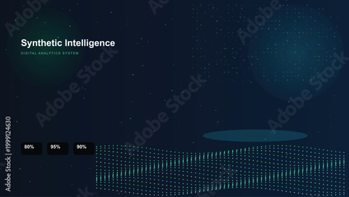 Abstract 3D digital particles glowing neon green and blue on black background Vector