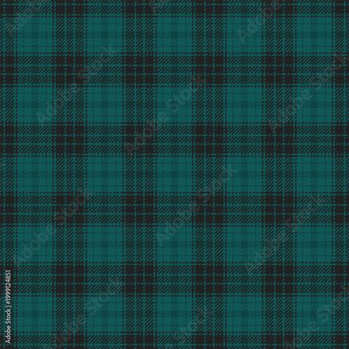 Quilt fabric vector check, kilt tartan texture plaid. Twill background textile seamless pattern in teal and black colors.