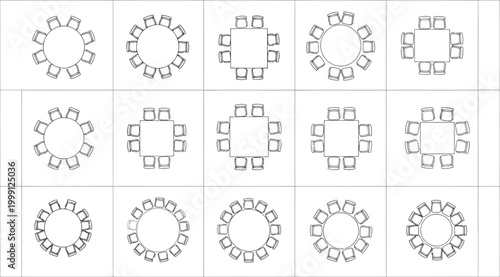 Set of top view furniture icons with round and square tables and chairs