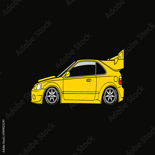 Vibrant yellow modified hatchback sports car featuring a large rear racing wing, custom body kit, and low profile stance.