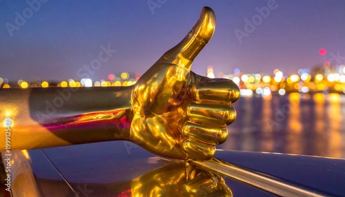 A golden robotic hand gives thumbs‑up, glowing under city lights with futuristic approval.