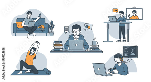 Illustration of people working remotely in various home office settings with laptops and exercise equipment around them.