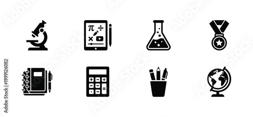 Minimalist education icons set, black solid school and science symbols, 8 vector elements for academic learning and laboratory research apps