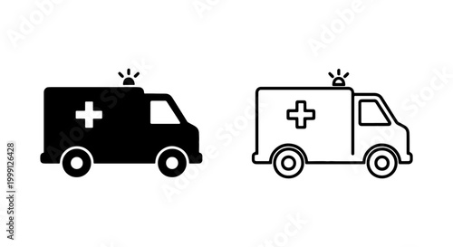 Black and white ambulance icons with cross on side and siren on top