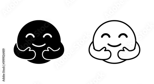 Two smiling cartoon faces with hands on cheeks in black and white