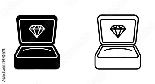 Black and white diamond ring box icons with lids open showing gemstones inside on pure