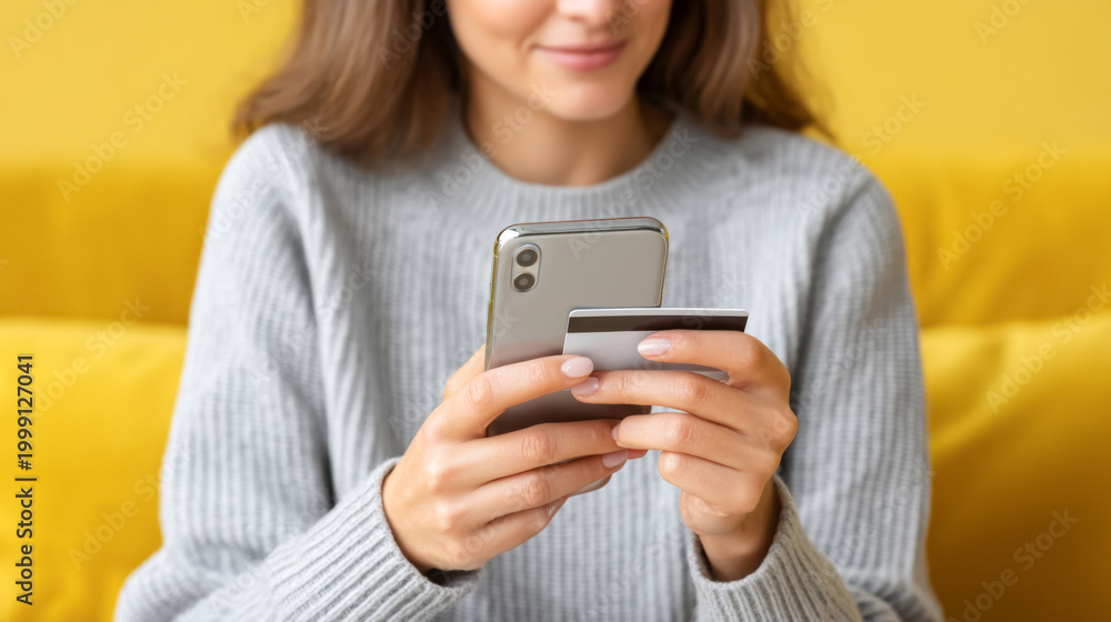 Fototapeta premium Young caucasian woman shopping online with smartphone and credit card in cozy setting