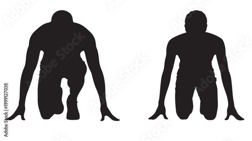 Athletic Start Position Silhouette of Two People Kneeling for Sports Training and Fitness Competition Concepts