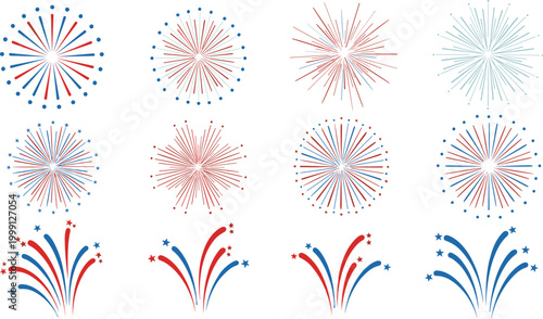 Red blue fireworks bursts collection festive celebration spark effects vector illustration patriotic holiday explosion elements design