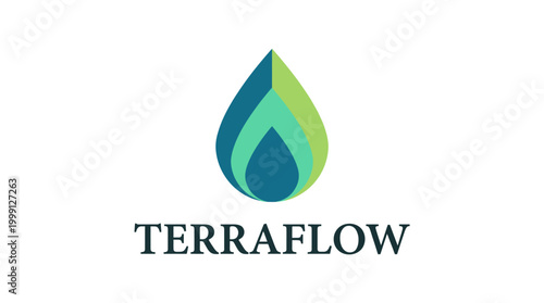 A sleek and modern logo design representing Terrafow, emphasizing water flow with shades of blue and green, appealing to eco-conscious consumers.