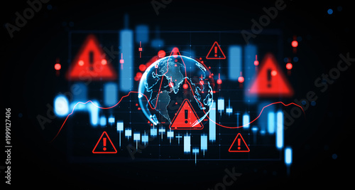 Fotografie Global market warning concept with digital globe, red alert signs, volatile graph lines and stock exchange candlestick chart visualization in futuristic style