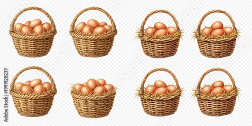 Set of eight wicker baskets filled with fresh brown eggs, some with hay, on a transparent background.