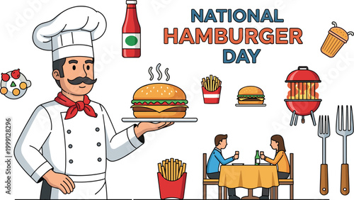 Professional chef presenting a delicious hamburger for national hamburger day celebration in a fun vector illustration