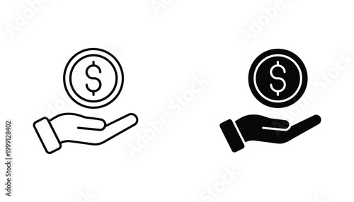 Hand holding dollar coin icon representing financial savings investment and wealth management in dual style vector graphic format