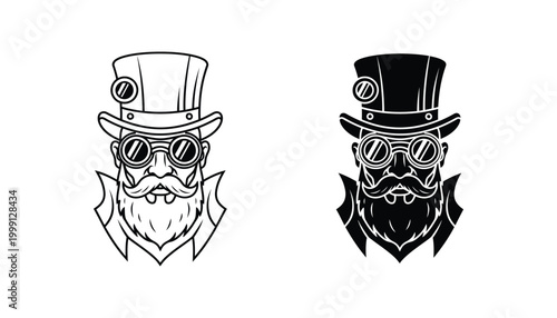 Steampunk gentleman portrait with top hat and goggles vector illustration for retro futuristic design projects