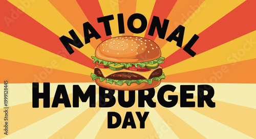 National hamburger day vector illustration with a delicious cheeseburger on a retro sunburst background design